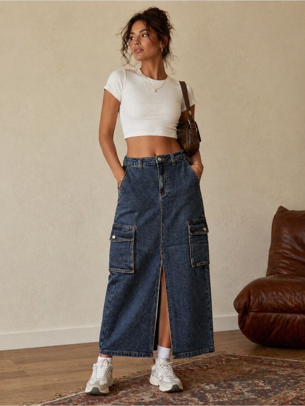 Dark Wash Cargo Denim Maxi Skirt